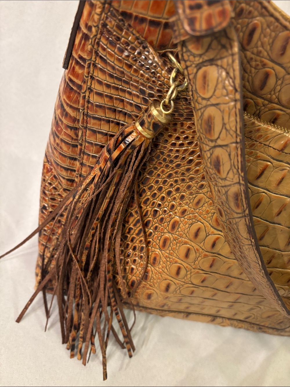 Brahmin Cognac Croc-Embossed Shoulder Bag with Tassel Detail - Picture 2 of 7